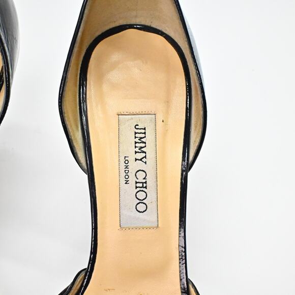 JIMMY CHOO Womens Heels Size 39.5 Black Patent Leather Peep Toe DOrsay Slip On - Picture 6 of 10